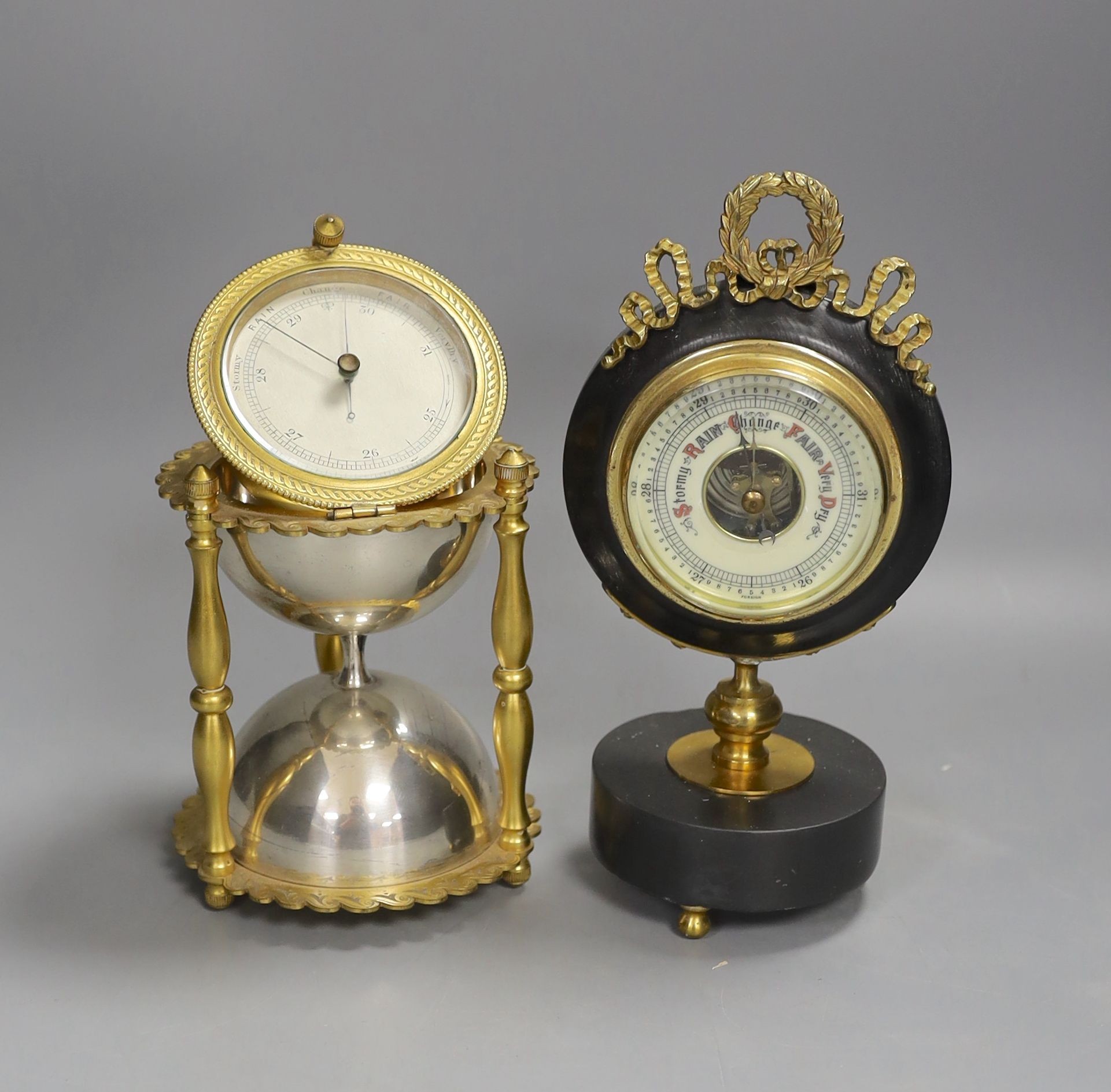 An ormolu and silver plated hourglass shaped desk aneroid barometer and a gilt metal and parcel ebonised desk barometer